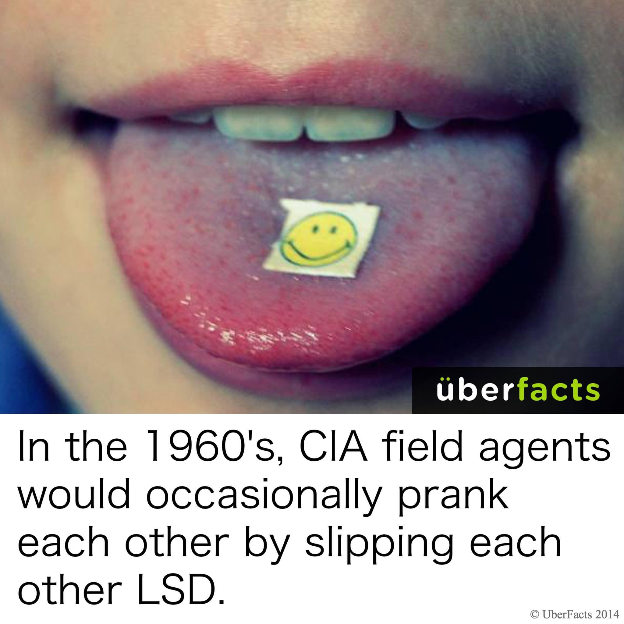 take lsd - berfacts In the 1960's, Cia field agents would occasionally prank each other by slipping each other Lsd. UberFacts 2014