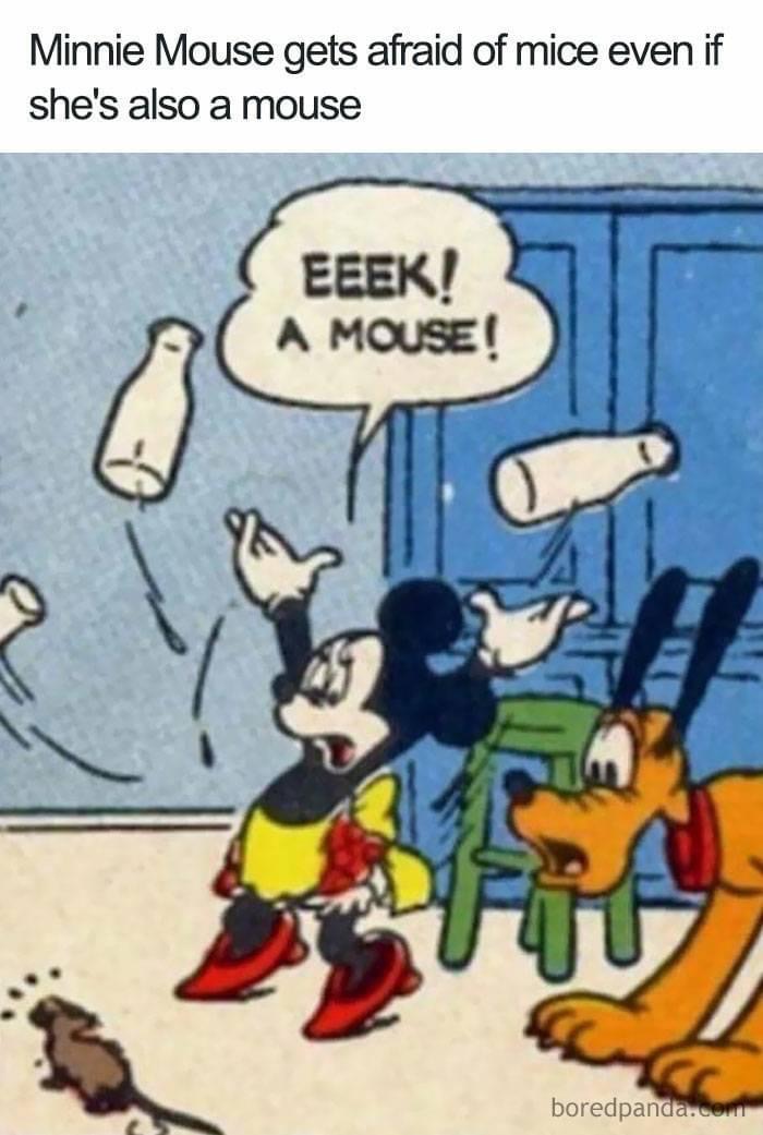 cartoon fails - Minnie Mouse gets afraid of mice even if she's also a mouse Eeek! A Mouse! Falcon boredpanda.com