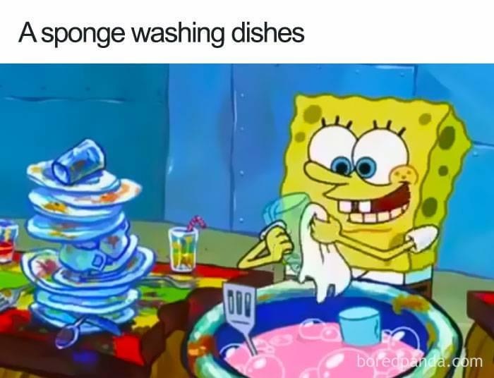 funny cartoon logic - A sponge washing dishes Oon boredpanda.com