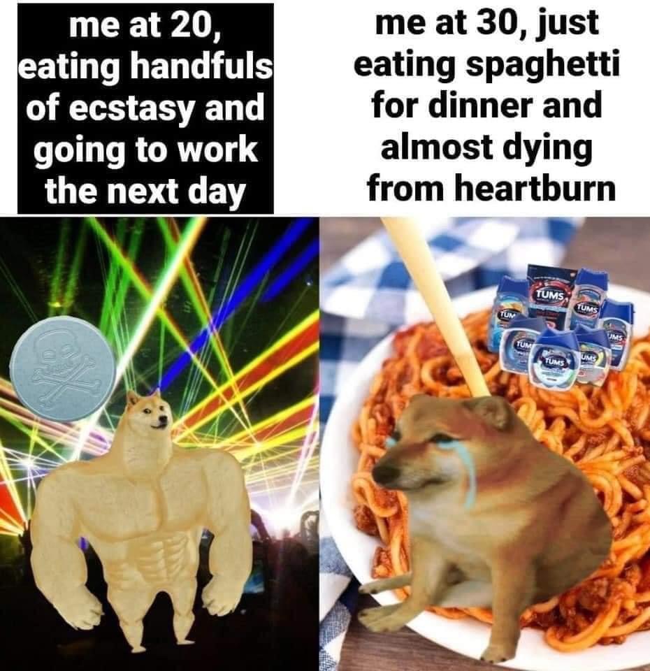 pet - me at 20, eating handfuls of ecstasy and going to work the next day me at 30, just eating spaghetti for dinner and almost dying from heartburn Tums Tums Tum Ums Tum Ums Tums