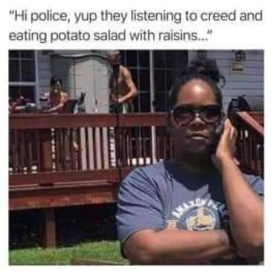 potato salad with raisins meme - "Hi police, yup they listening to creed and eating potato salad with raisins..."
