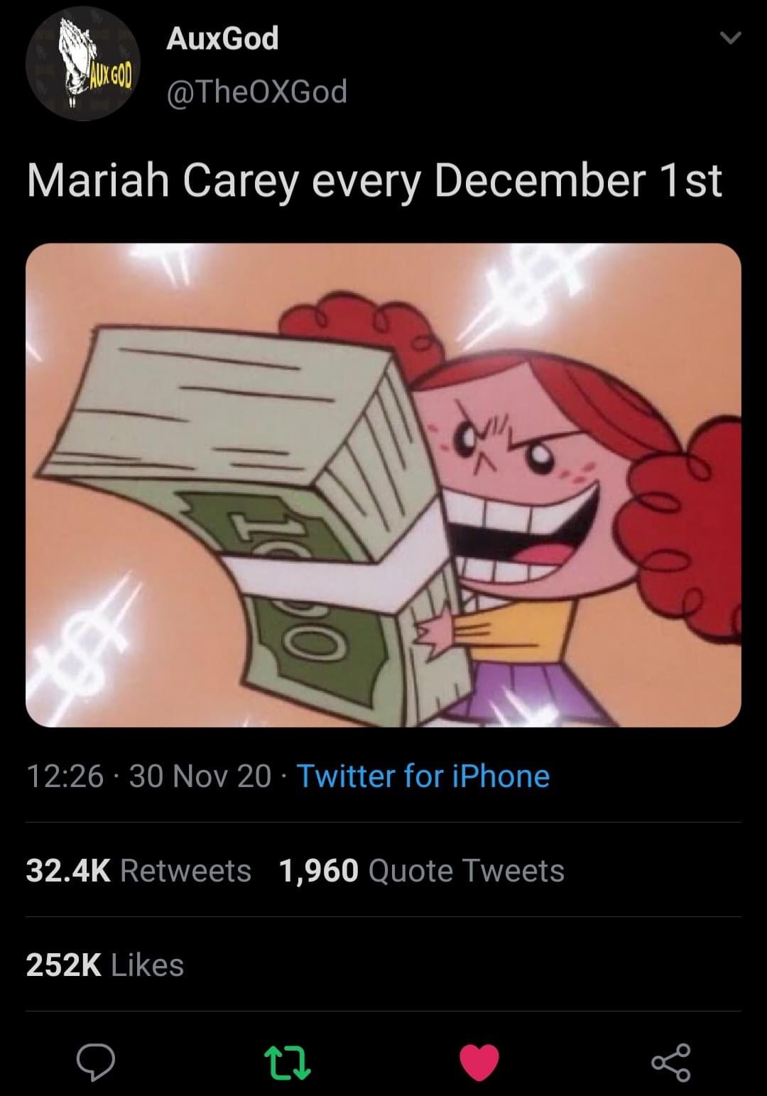 cartoon - AuxGod Aux God Mariah Carey every December 1st 30 Nov 20 Twitter for iPhone 1,960 Quote Tweets m2 go
