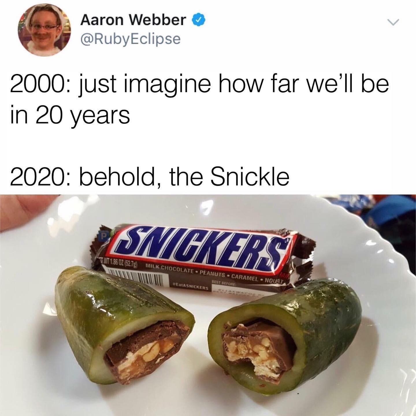 snickle meme - Aaron Webber 2000 just imagine how far we'll be in 20 years 2020 behold, the Snickle Snickers "Imt 1.86 Oz 5279 Milk Chocolate Peanuts Caramel Nouat Best Before Estasnickers
