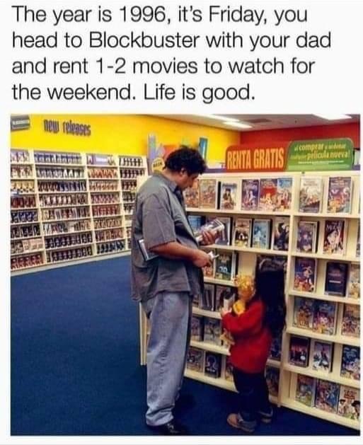 blockbuster video - The year is 1996, it's Friday, you head to Blockbuster with your dad and rent 12 movies to watch for the weekend. Life is good. new releases Renta Gratis aplicada nueva