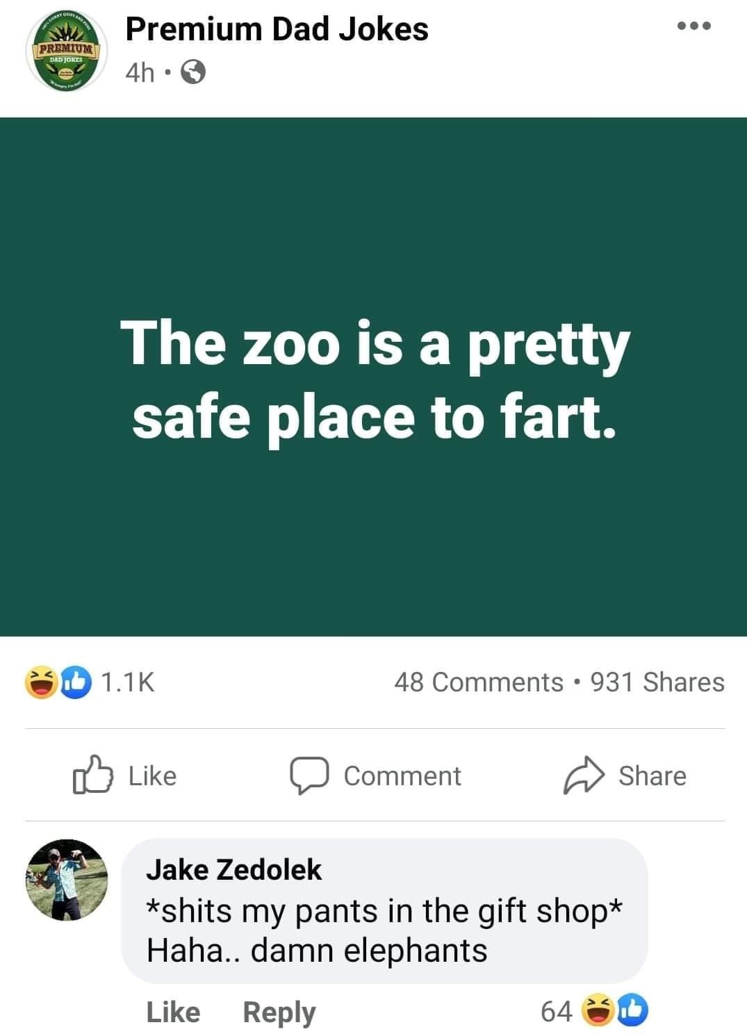 screenshot - Premium Dad Jokes Premium Dad Joices 4h The zoo is a pretty safe place to fart. . 48 931 Comment Jake Zedolek shits my pants in the gift shop Haha.. damn elephants 64