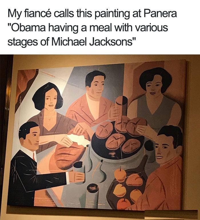 classical art memes - My fianc calls this painting at Panera "Obama having a meal with various stages of Michael Jacksons"