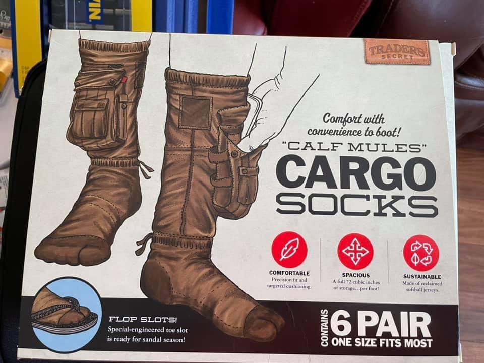 funny prank gifts - In Traders Secret Comfort with convenience to boot! "Calf Mules" Cargo Socks Comfortable Precision fit and targeted cushioning Spacious A full 72 cubic inches of storage...per foot Sustainable Made of reclaimed softball jersey Flop Slo