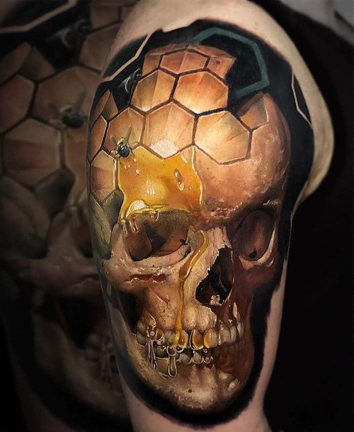 awesome tattoos - skull with honeycomb