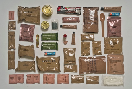 The Australian ration pack has more small treats than any of the others. Most of it is packaged by the military, from a serving of love-it-or-hate-it Vegemite to jam sandwich biscuits and a tube of sweetened condensed milk. The bag includes a can-opener-cum-spoon for getting at the Fonterra processed cheddar cheese, and main meals of meatballs and chilli tuna pasta. There are lots of sweets and soft drinks, and two unappetising-looking bars labelled "chocolate ration".