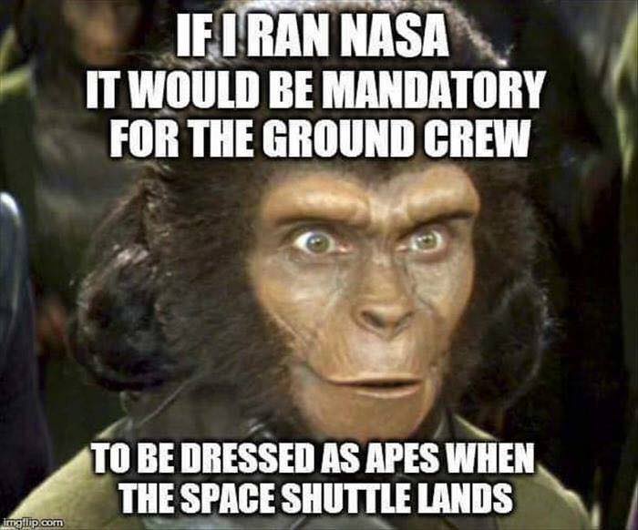 planet of the apes memes - If I Ran Nasa It Would Be Mandatory For The Ground Crew To Be Dressed As Apes When The Space Shuttle Lands imglip.com