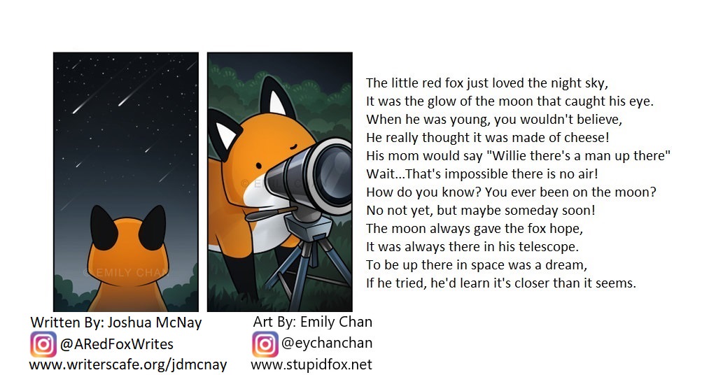 cartoon - The little red fox just loved the night sky, It was the glow of the moon that caught his eye. When he was young, you wouldn't believe, He really thought it was made of cheese! His mom would say "Willie there's a man up there" Wait... That's impo