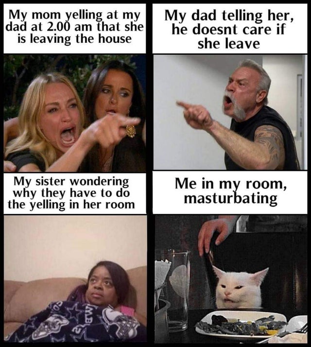 photo caption - My mom yelling at my dad at 2.00 am that she is leaving the house My dad telling her, he doesnt care if she leave My sister wondering why they have to do the yelling in her room Me in my room, masturbating 08