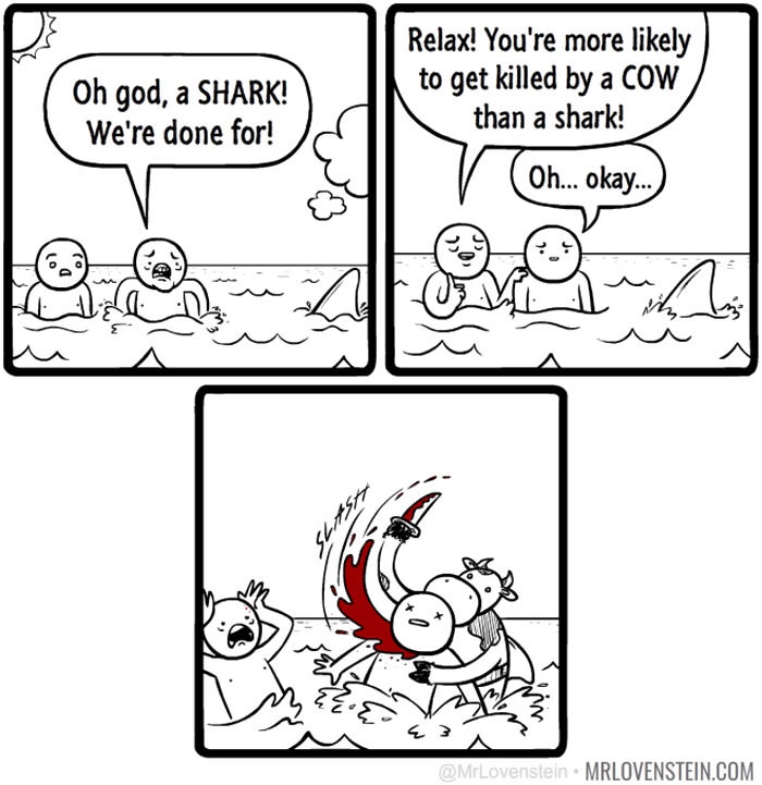 dark sense of humor comic - Oh god, a Shark! We're done for! Relax! You're more ly to get killed by a Cow than a shark! v Oh... okay... Mrlovenstein.Com