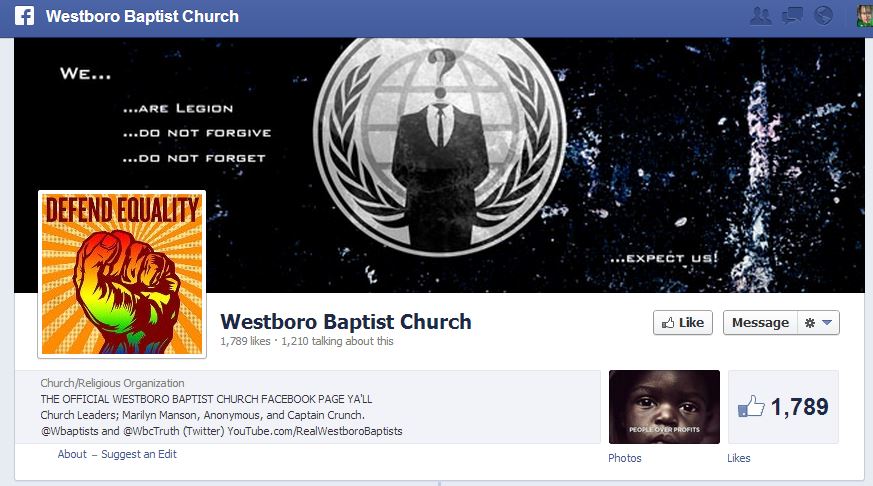 Anonymous takeover the WBC Facebook page.