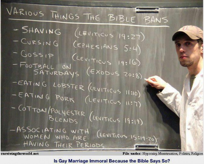 Strange...I don't see any "devout Christians" living by these rules...from the same book they quote when they bash homosexuals.