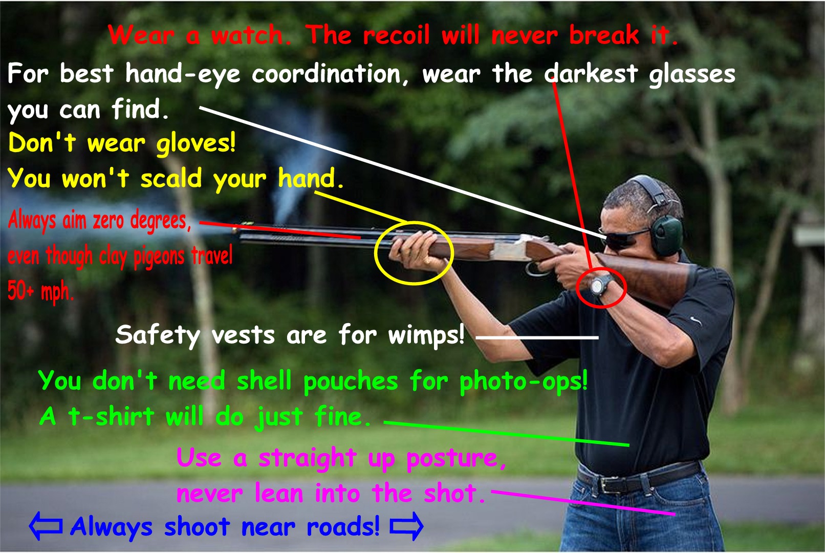He goes skeet-shooting "all the time", according to the media liars. Hmm, let's see how he does it.