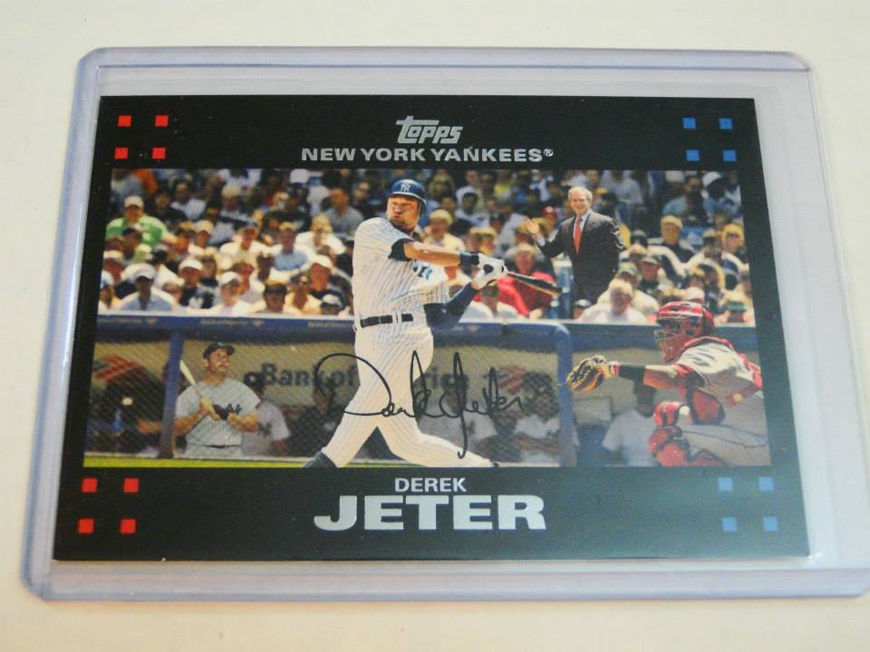 2007 Topps Derek Jeter 40Error card features President George W. Bush stands and Mickey Mantle dugout.