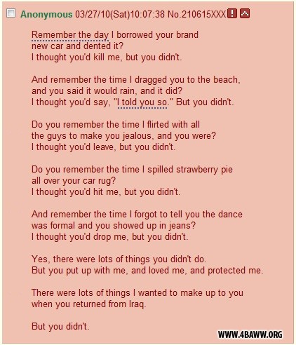 4chan on depression - Anonymous 032710Sat38 No.210615xxxOS Remember the day I borrowed your brand new car and dented it? I thought you'd kill me, but you didn't. And remember the time I dragged you to the beach, and you said it would rain, and it did? I t
