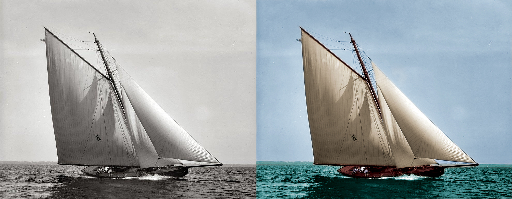 Black and White photo of this gaff-rigged schooner I colorized. I found a new hobby.