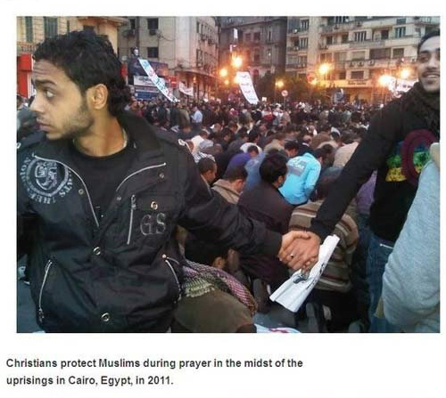 christians protecting muslim - Christians protect Muslims during prayer in the midst of the uprisings in Cairo, Egypt, in 2011.