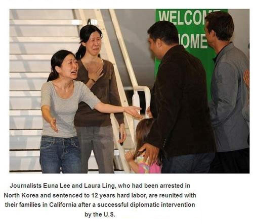 michael saldate - Welcon Iome Journalists Euna Lee and Laura Ling, who had been arrested in North Korea and sentenced to 12 years hard labor, are reunited with their families in California after a successful diplomatic intervention by the U.S.