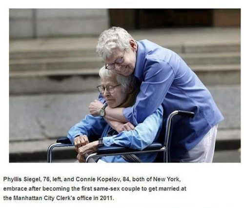 first gay marriage new york - Phyllis Siegel, 76, left, and Connie Kopelov, 84, both of New York, embrace after becoming the first samesex couple to get married at the Manhattan City Clerk's office in 2011.
