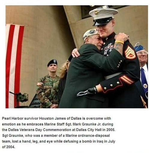 veterans day pussy - Pearl Harbor survivor Houston James of Dallas is overcome with emotion as he embraces Marine Staff Sgt. Mark Graunke Jr. during the Dallas Veterans Day Commemoration at Dallas City Hall in 2005. Sgt Graunke, who was a member of a Mari