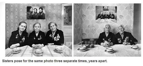 mysterious photos ever taken - O con Og Gro Sisters pose for the same photo three separate times, years apart.