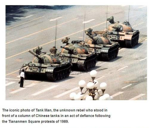 tiananmen square 1989 - The iconic photo of Tank Man, the unknown rebel who stood in front of a column of Chinese tanks in an act of defiance ing the Tiananmen Square protests of 1989.