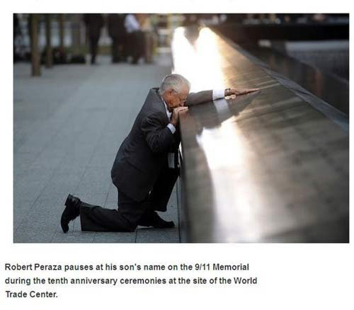 his son on 9 11 - Robert Peraza pauses at his son's name on the 911 Memorial during the tenth anniversary ceremonies at the site of the World Trade Center