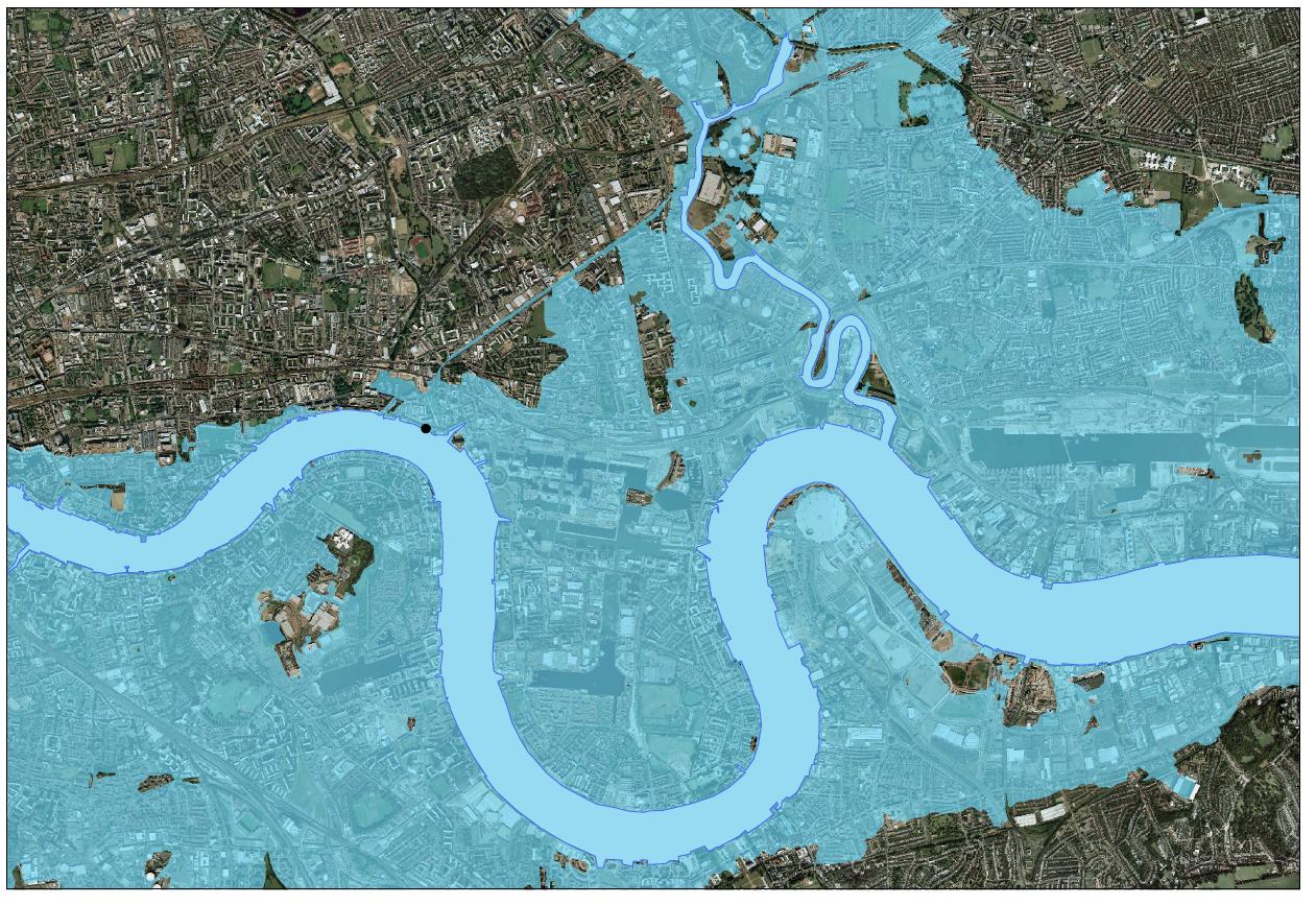 Where London would flood if not for the <a href="http://en.wikipedia.org/wiki/Thames_Barrier" target="_blank">Thames Movable Barrier</a>