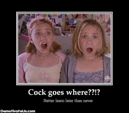 demotivational poster twins - Cock goes where??!? Better learn later than never DemotivateUs.com