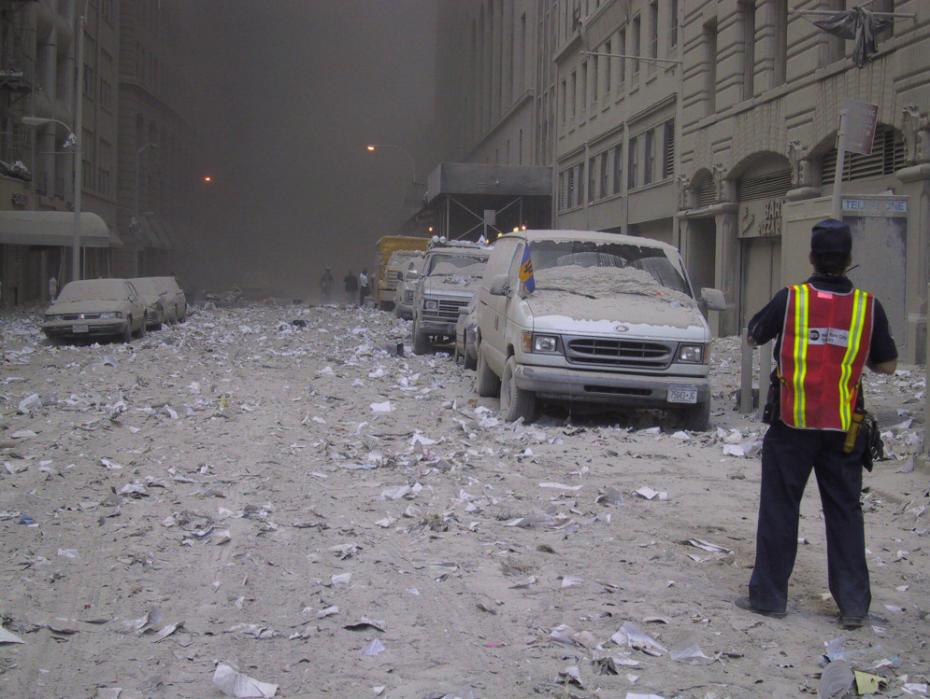 Ash covers a street in downtown New York City after the collapse of the World Trade Center on Sept. 11, 2001.