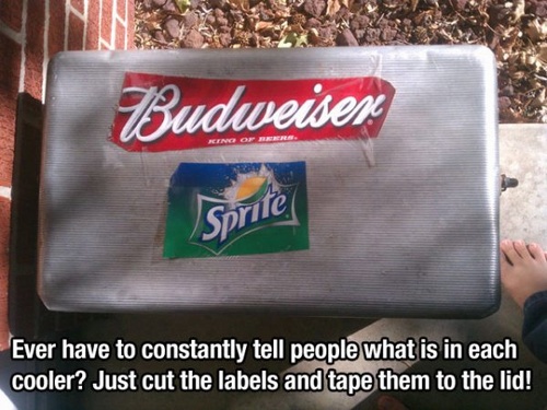 life hack banner - Budweiser Sprite Ever have to constantly tell people what is in each cooler? Just cut the labels and tape them to the lid!