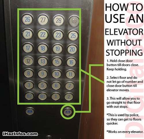 life hack use an elevator without stopping - How To Use An Elevator Without Stopping 1. Hold close door button till doors close. Keep holding. Oooo O O Oo O Ooooo 2. Select floor and do not let go of number and close door button till elevator moves. 3. Th