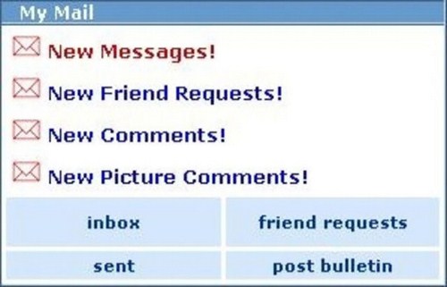myspace nostalgia - My Mail M New Messages! New Friend Requests! M New ! New Picture ! inbox friend requests sent post bulletin