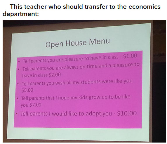 presentation - This teacher who should transfer to the economics department Open House Menu Tell parents you are pleasure to have in class $1.00 Tell parents you are always on time and a pleasure to have in class $2.00 Tell parents you wish all my student