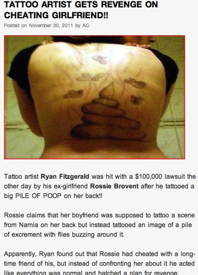 best cheating revenge ever - Tattoo Artist Gets Revenge On Cheating Girlfriend!! Posted on by Ac Tattoo artist Ryan Fitzgerald was hit with a $100,000 lawsuit the other day by his exgirlfriend Rossie Brovent after he tattooed a big Pile Of Poop on her bac