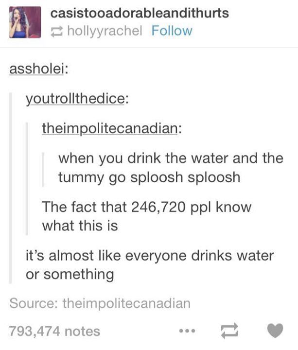 tumblr - swearing tumblr posts - casistooadorableandithurts hollyyrachel assholei youtrollthedice theimpolitecanadian when you drink the water and the tummy go sploosh sploosh The fact that 246,720 ppl know what this is it's almost everyone drinks water o