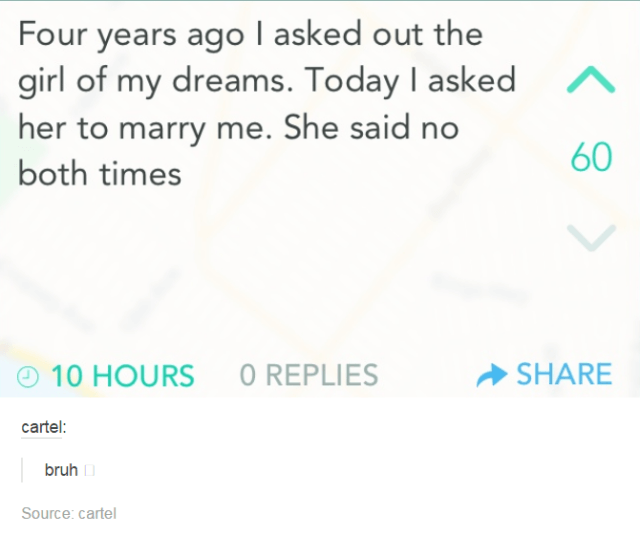 tumblr - diagram - Four years ago I asked out the girl of my dreams. Today I asked her to marry me. She said no both times 60 10 Hours O Replies > cartel bruh Source cartel