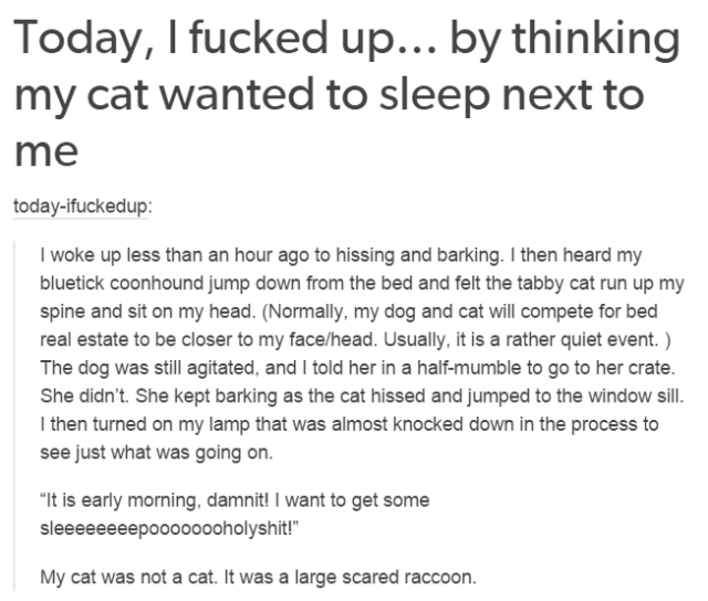 document - Today, I fucked up... by thinking my cat wanted to sleep next to me todayifuckedup I woke up less than an hour ago to hissing and barking. I then heard my bluetick coonhound jump down from the bed and felt the tabby cat run up my spine and sit 