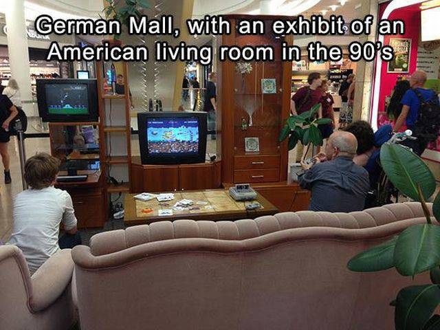 television - German Mall, with an exhibit of an American living room in the 90's.