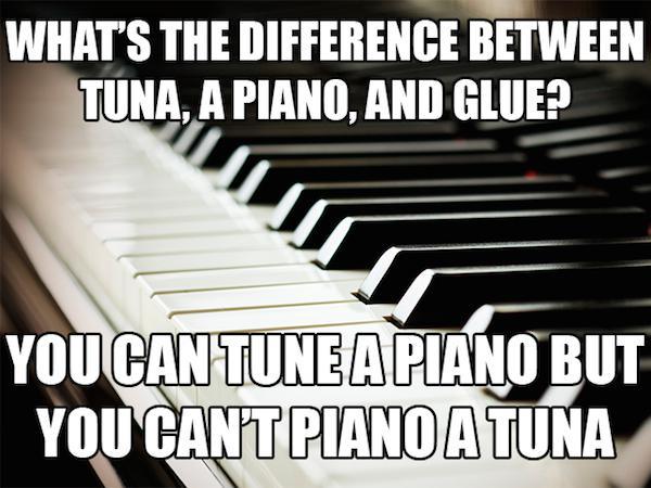 dad jokes - piano puns - What'S The Difference Between Tuna, A Piano, And Glue? You Can Tune Apiano But You Cant Piano A Tuna