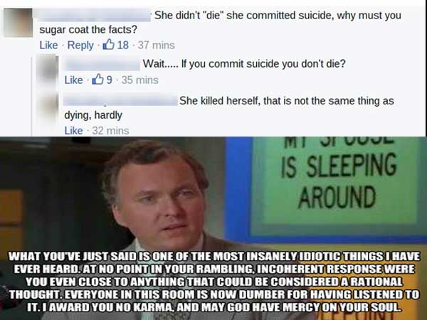 photo caption - She didn't "die" she committed suicide, why must you sugar coat the facts? 1837 mins Wait..... If you commit suicide you don't die? 69 35 mins She killed herself, that is not the same thing as dying, hardly 32 mins Movuue Is Sleeping Aroun