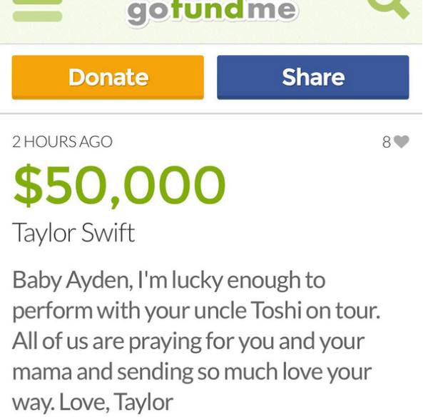 A GoFundMe page was set up for little Ayden to help with hospital bills, and Taylor Swift, in true fashion, donated a whopping $50,000 to his fundraiser.