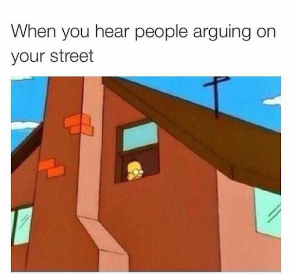meme stream - homer simpson looking out the window - When you hear people arguing on your street