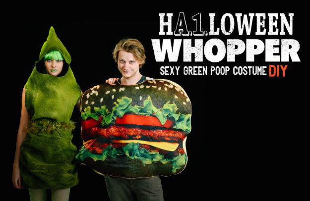 Do you and your ladyfriend not have a costume yet? Well don’t fret because your lackadaisical procrastination will pay big dividends by allowing you lovebirds to rock the best couple costume this Halloween! We learned last week that as dark as Burger King’s black bun Whopper appears, it apparently magically transforms your shit to beautiful green hue that rivals a fucking viridescent field from Ireland. Now the good folks over at HalloweenCostumes.com have made a fantastic costume based on the butt of the joke from the Halloween Whopper. You can now be a green turd that originated from the A1 Halloween Whopper!