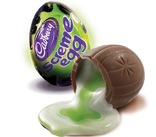 Cadbury Screme Egg...Same goes for you, Cadbury Eggs — leave Halloween alone. You're a damn Easter candy. Also, you look disgusting. Like, I am already doing mental gymnastic every time I eat a regular egg to convince myself I'm not eating unborn chicken embryo. Making the yolk all green isn’t helping.
