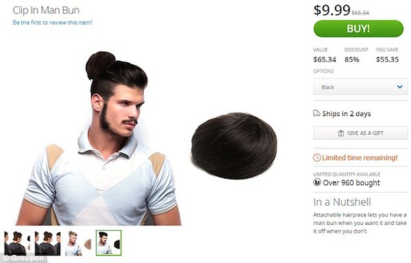 Clip-On Man Bun...Clip-on man buns are now a "thing." They're a quick and easy solution for those gentlemen who are eager to try the popular hairstyle worn by the likes of Jared Leto and Harry Styles, but who would rather not wait for the time it takes to actually grow out their own lengthy locks. You can now buy a clip-on man bun for the low price of $9.99 (the actual listed value is $65.34!) on Groupon, and they are—according to the powers that be—selling like hotcakes.