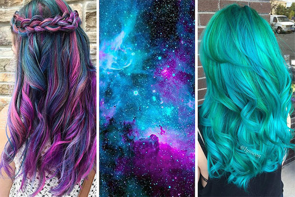 Galaxy Hair...Cosmopolitan UK unearthed a hair trend that involves dyeing your hair colors inspired by the cosmos. Experimental trend chasers have been posting images on Instagram of their newly colored hair next to pictures of space, colorful stars, and planets.